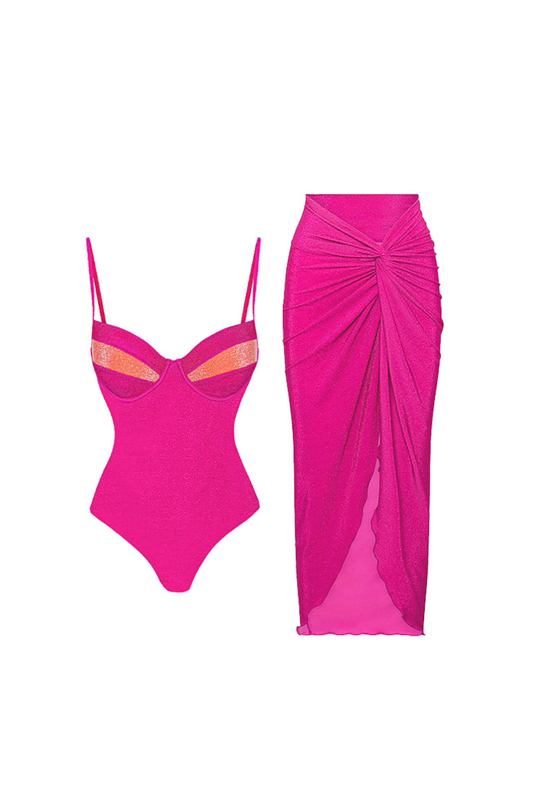 Gold and Pink Contrast Glitter One-Piece Swimsuit and Cover-Up