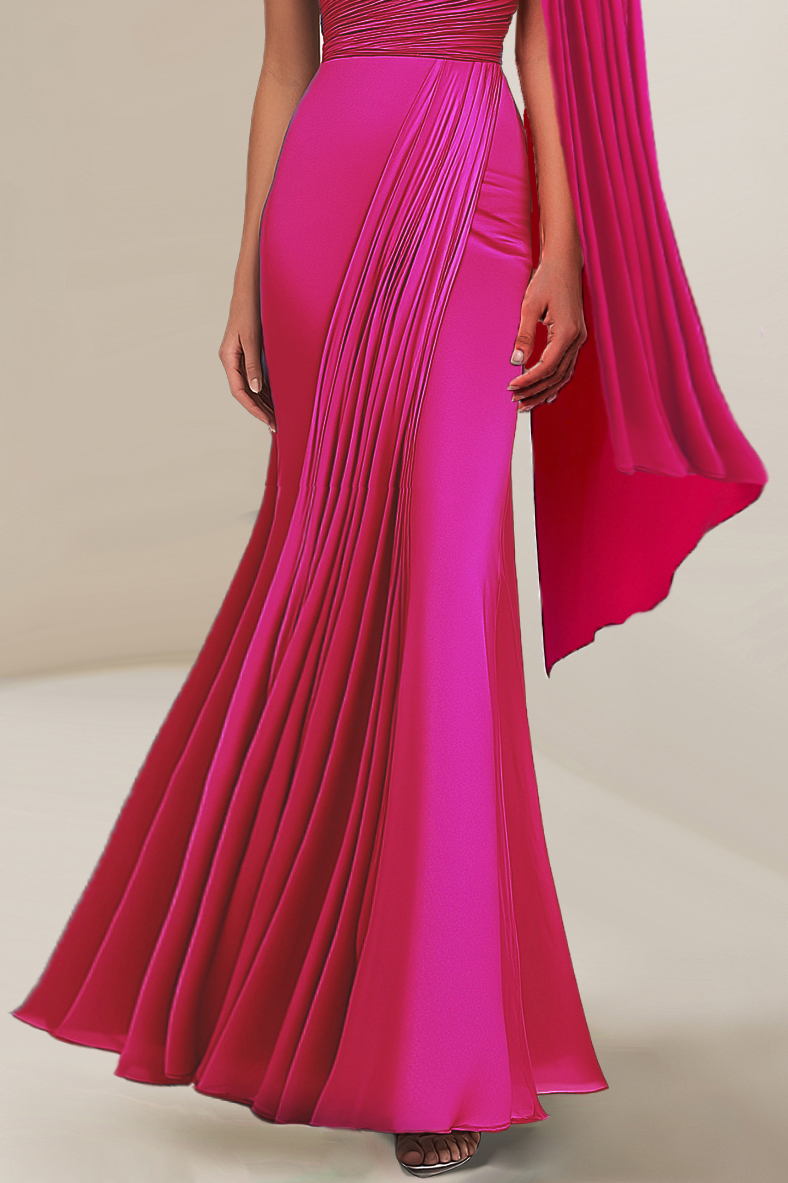 Party Pleated Dress Rose Red One Shoulder Draped Sleeve Slim Maxi Dress