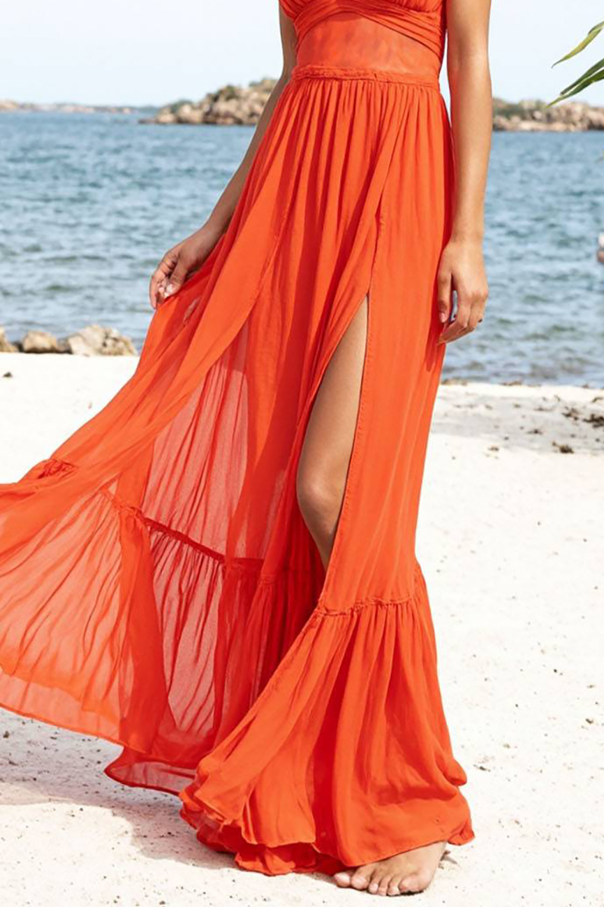 Bohemian Vacation Spaghetti Strap Dress Orange V-Neck Side Slit Maxi Dress