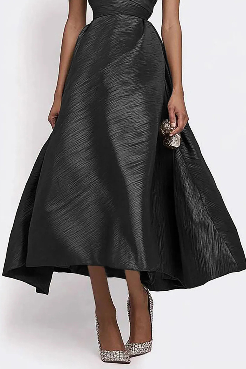 Elegant Prom One-Shoulder Dress Bow Accent Black Midi Dress-chiclody