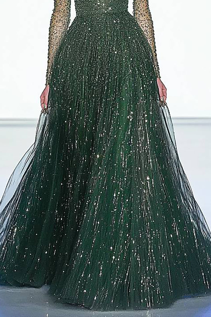 Evening Sequined Mesh Dress Rhinestone Long Sleeve Maxi Dress