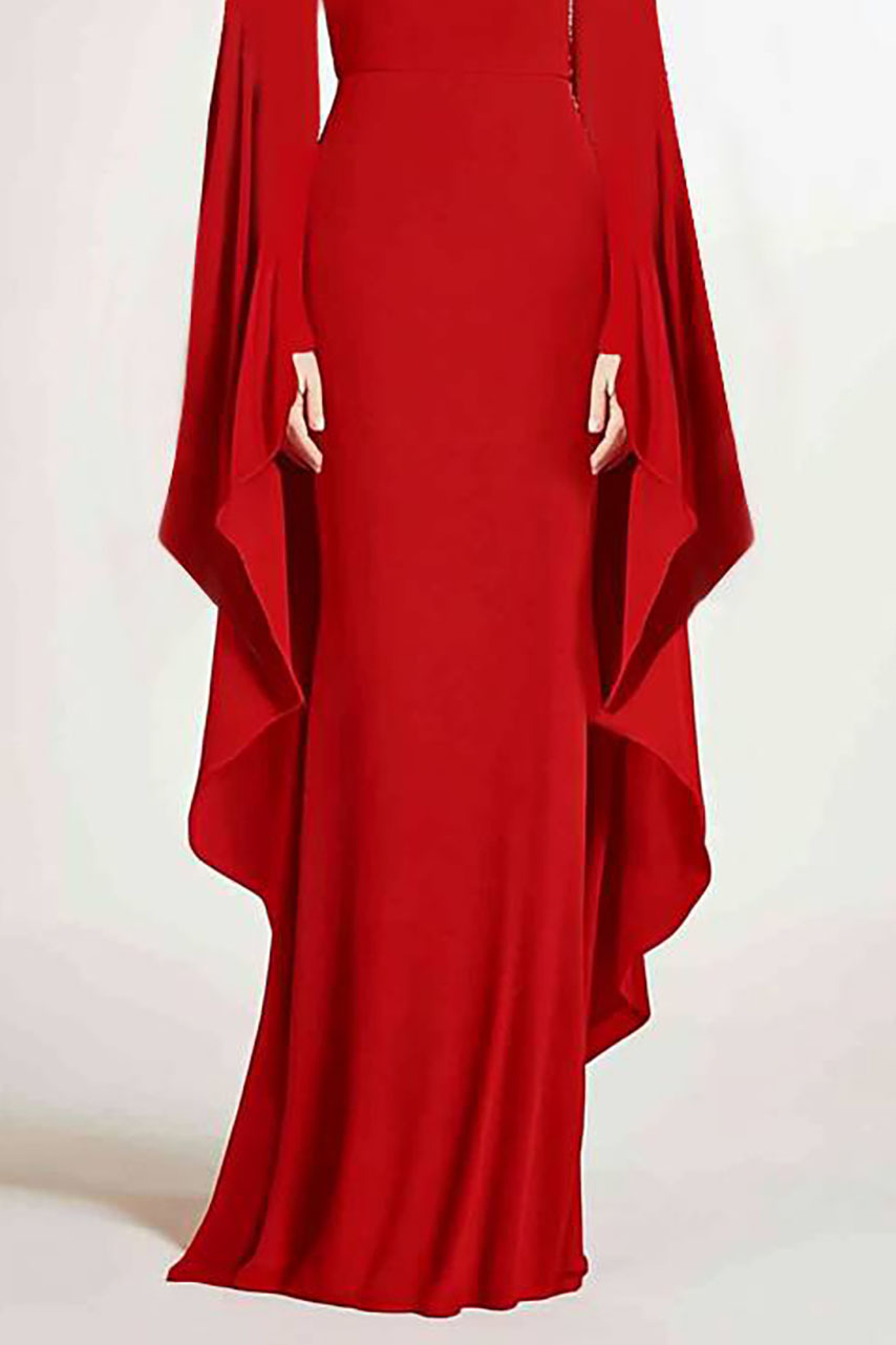 Evening Red Dress Draped Long Sleeve Floor-Length Dress