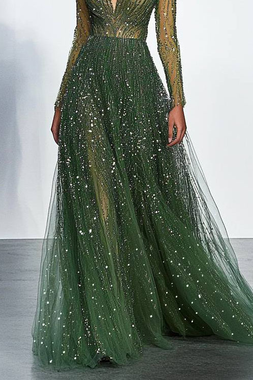 Party Evening Mesh Dress Sequin Deep V-neck Hand-Drilled Long Dress