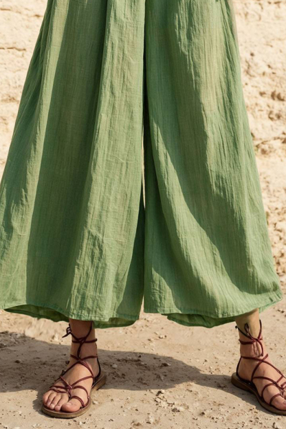 Bohemian Casual Pants Green Elastic Waist Wide-Leg Pants