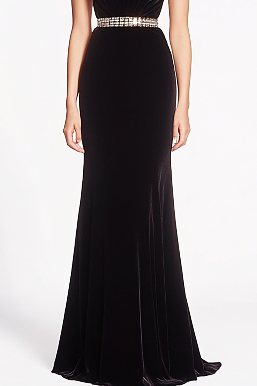 Elegant Retro Velvet Dress Halter Neck Hollow Rhinestone Belt Long Dress