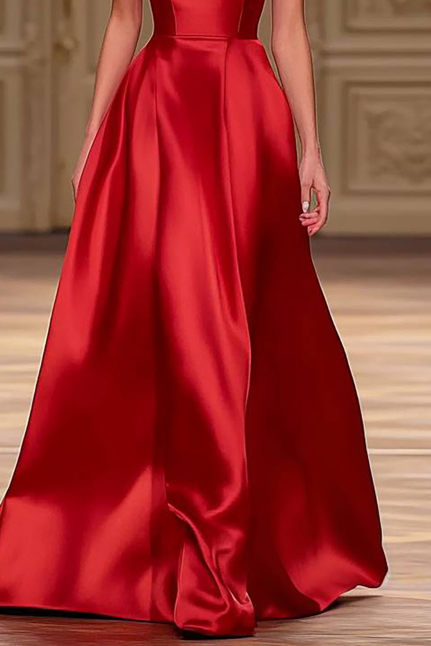 Evening Formal Red Dress Tube Top Satin Ball Gown Long Dress