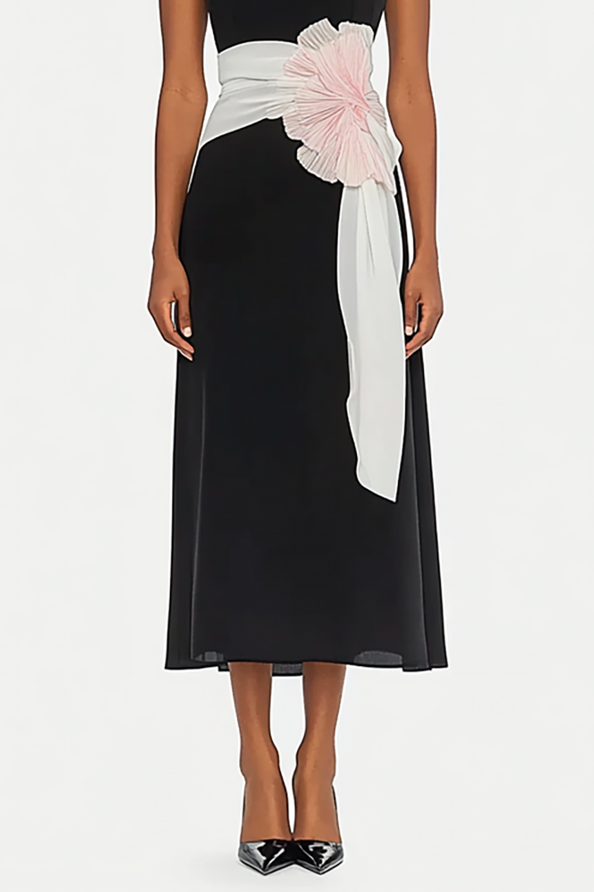 Daily Solid Color Dress Sleeveless 3D Large Flower Waist Decoration Midi Dress