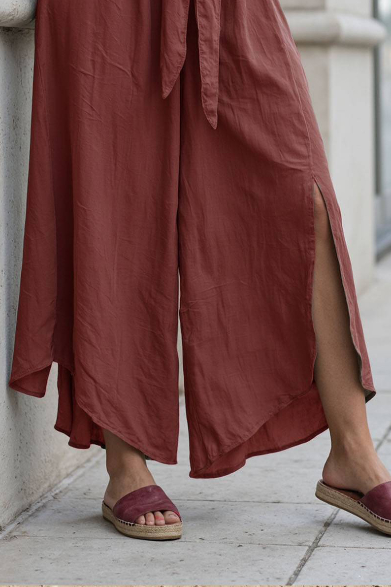 Casual Linen Pants Light Burgundy Elastic Waist Drawstring Slit Wide-Leg Pants