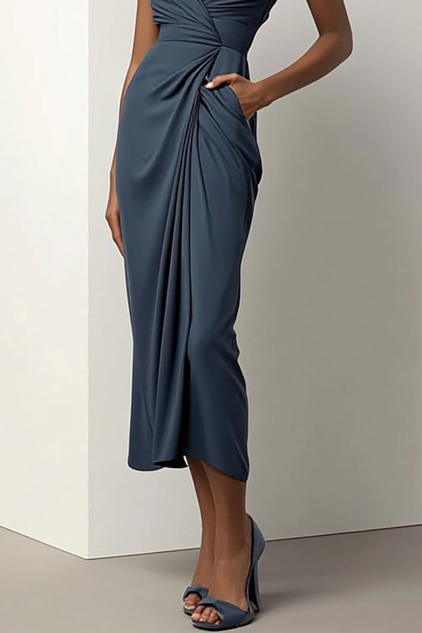 Daily Cocktail Dress V-Neck Short Sleeves, Pleated Design Midi Dress