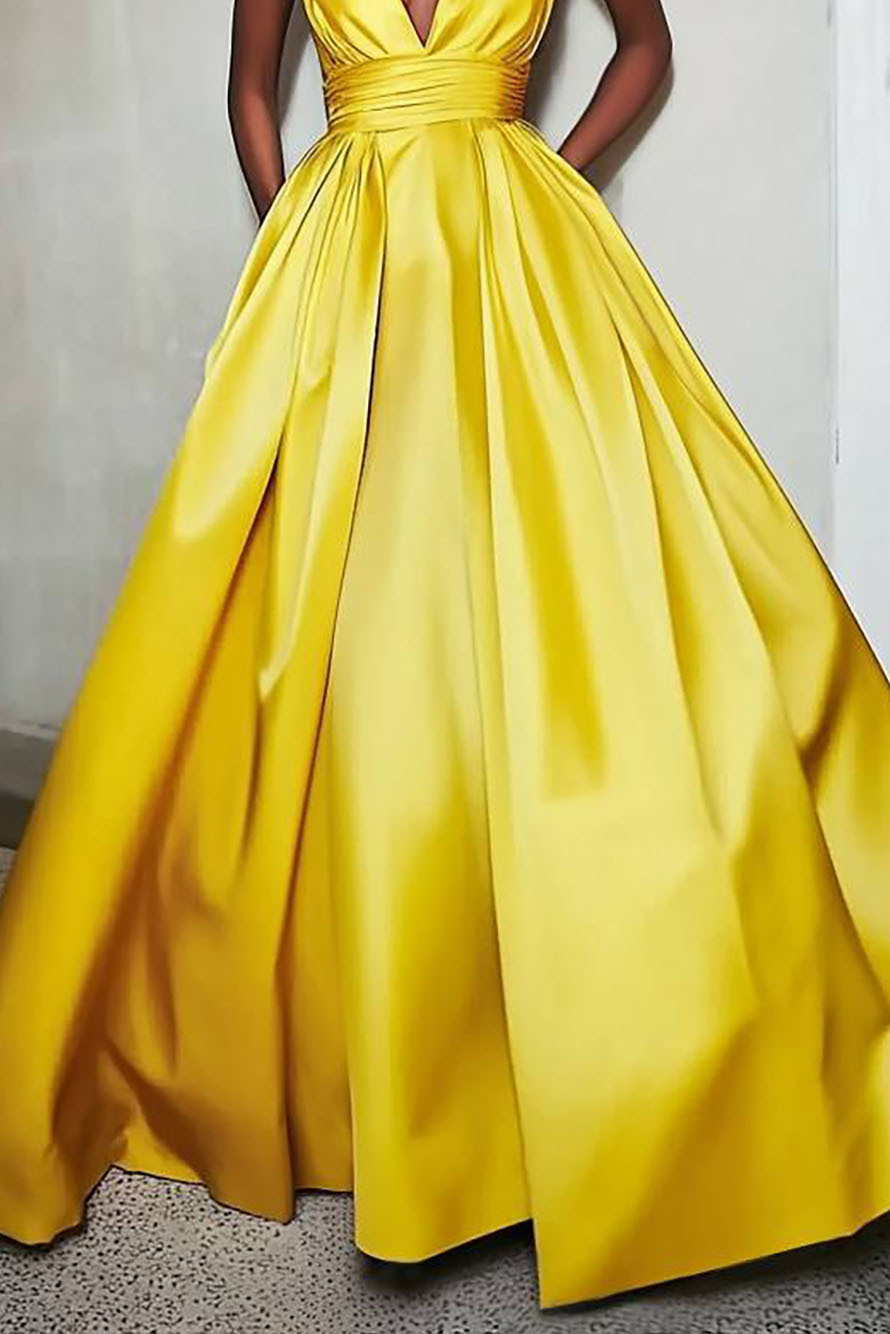 Evening Party Dress Strapless Deep V-Neck, Oversized Skirt Maxi Dress