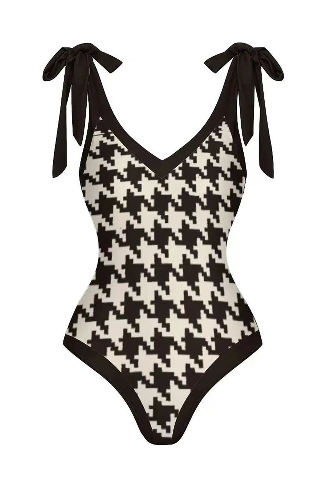 3D Black and White Houndstooth V-Neck One Piece Swimsuit and Cover-Up