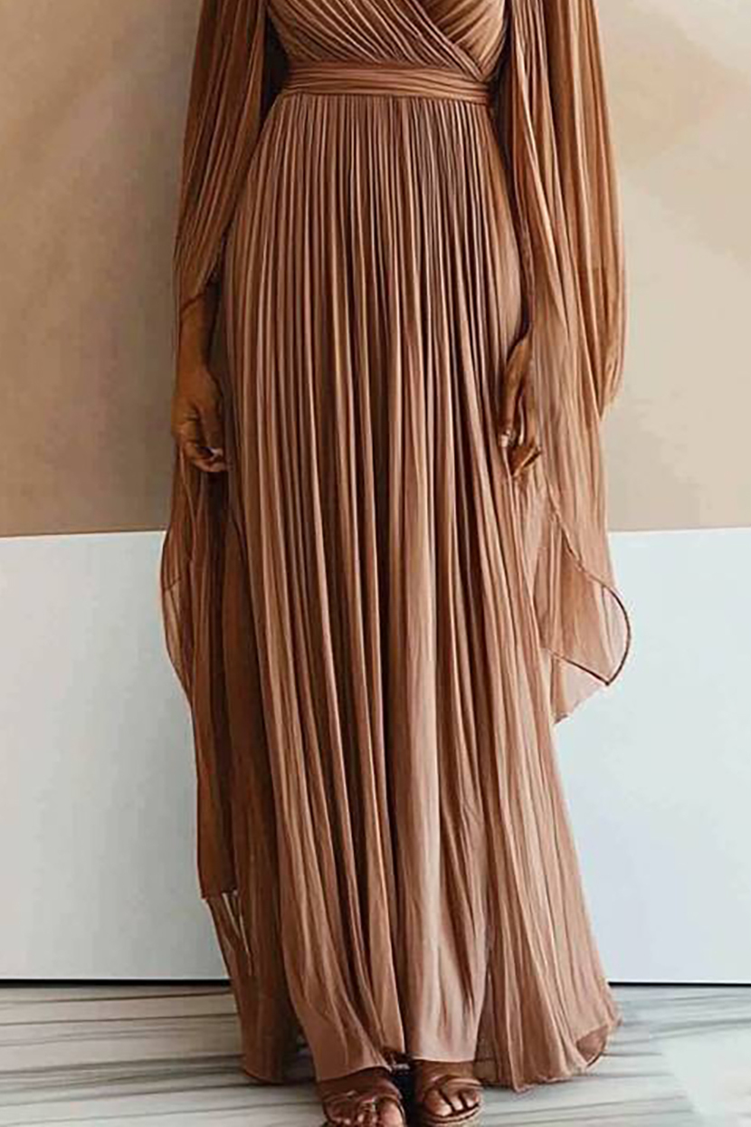 Evening Party Dress Pleated v-Neck Cape Maxi Dress
