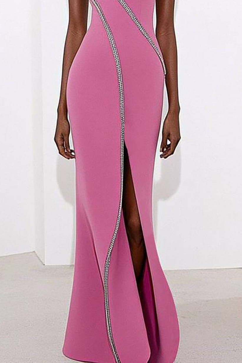 Evening Party Dress One Shoulder Rhinestone Line Decoration High Slit Maxi Dress