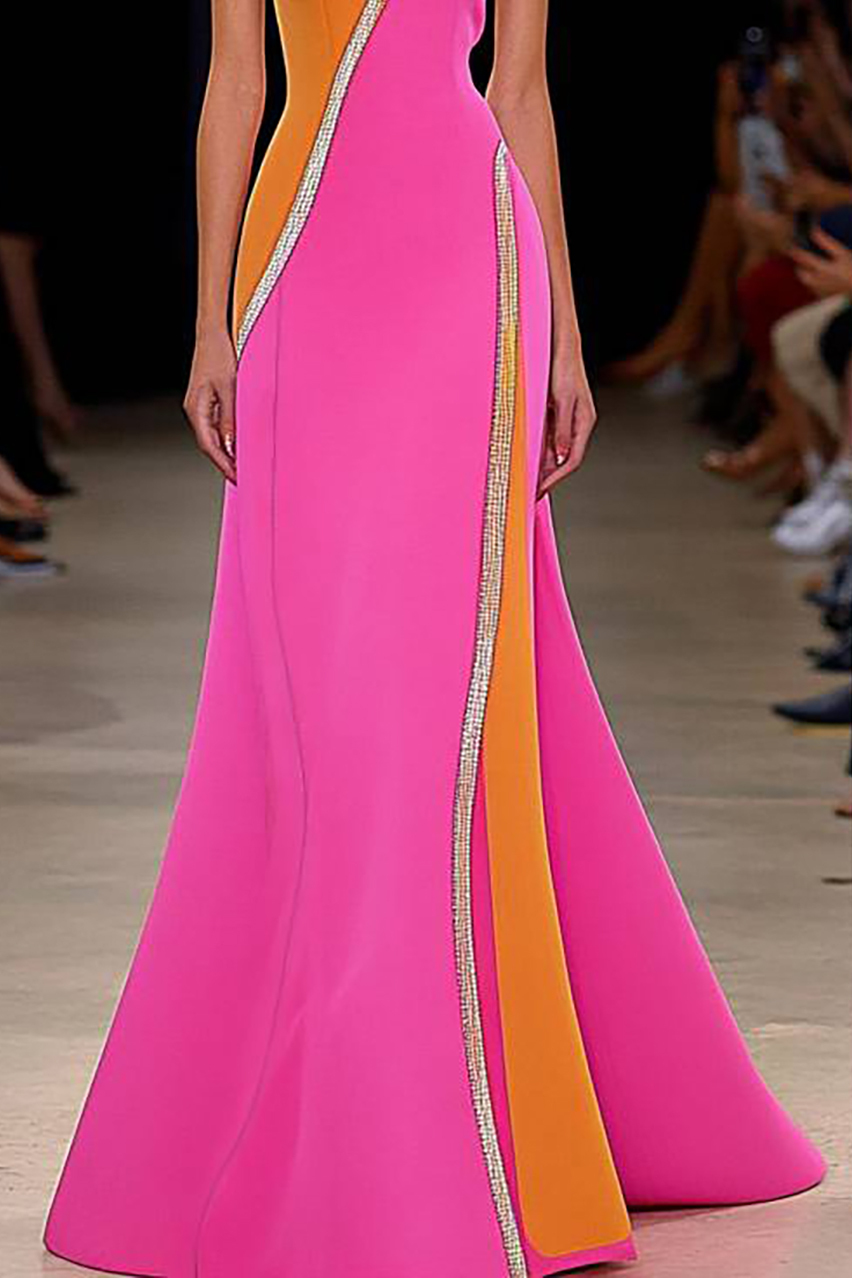 Evening Party Dress One Shoulder lines Color-Block Mermaid Maxi Dress