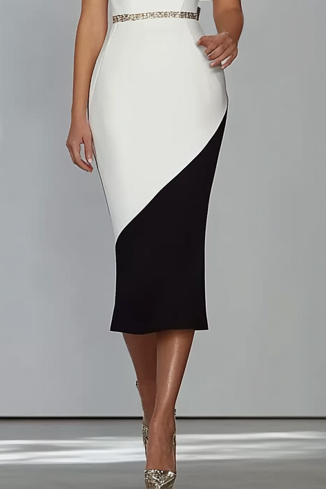 Party Work Business Midi Dress White Black High Waist Cap Sleeves Pencil Dress 