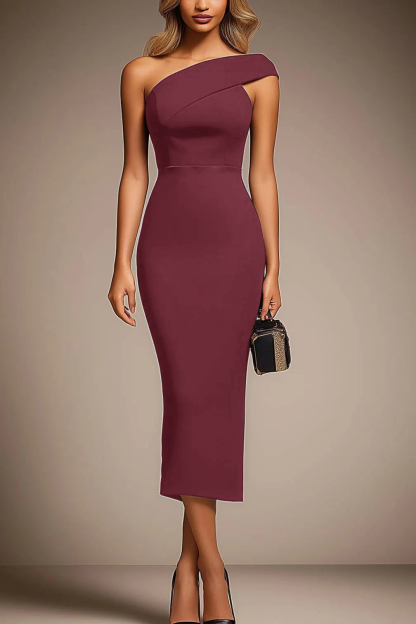 Semi-Formal Party Dress One-Shoulder Fitted Sleeveless Midi Dress