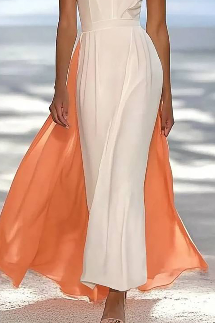 Prom Party Dress Color-block Deep V-Neck Suspender Train Long Dress