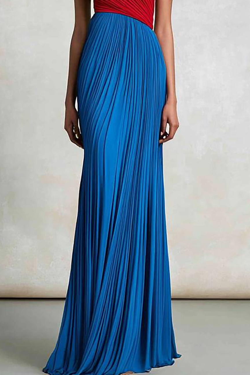 Prom Party Pleated Dress One-Shoulder Red and Blue Colorblock Maxi Dress