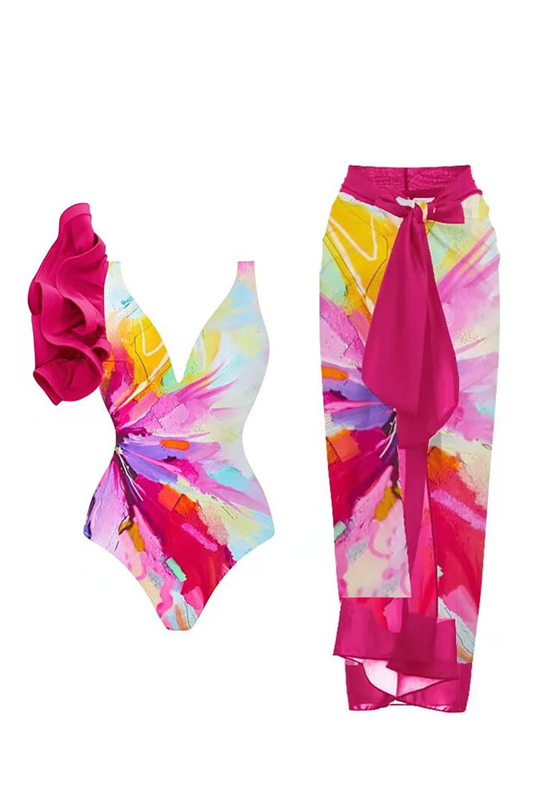 3D Black and White Houndstooth V-Neck One Piece Swimsuit and Wrap Skirt Cover-Up