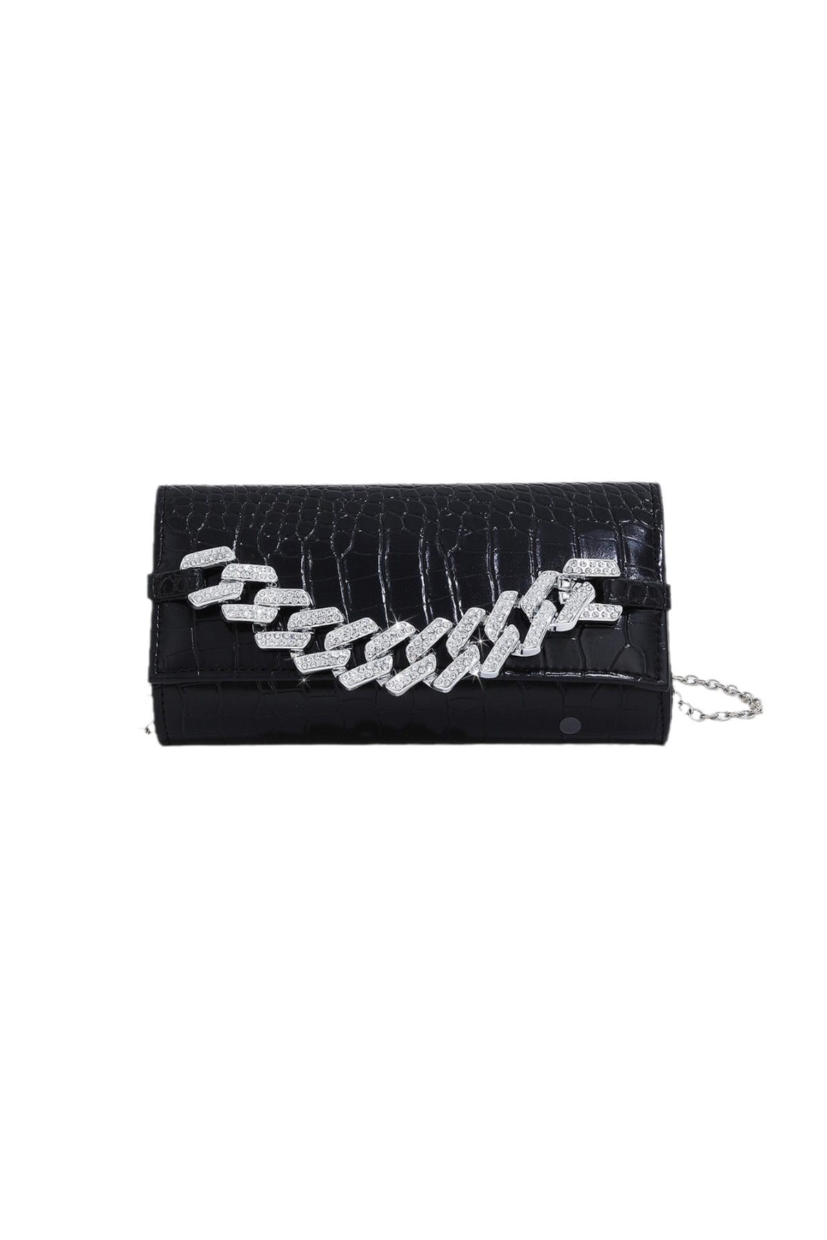 Crocodile Pattern Clutch Bag Shiny PU Cuban Chain Party Dinner Bag