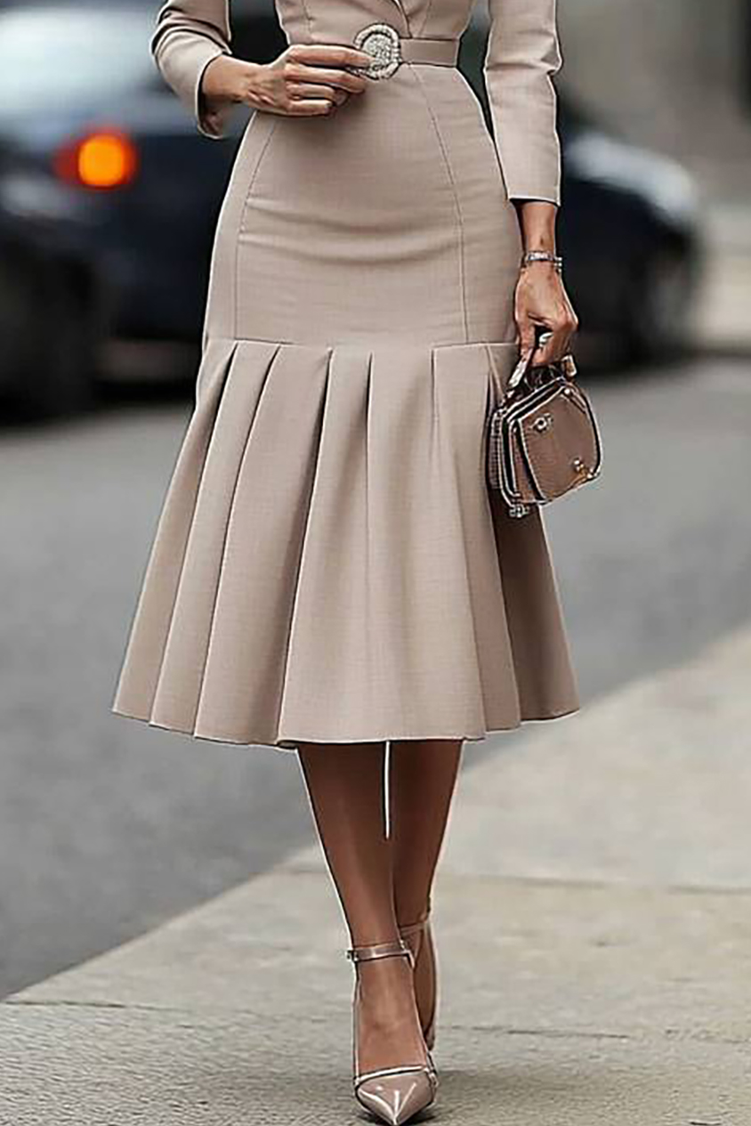 Work Business Blazer Dress Lapel Tie Belt Pleated Fishtail Midi Dress