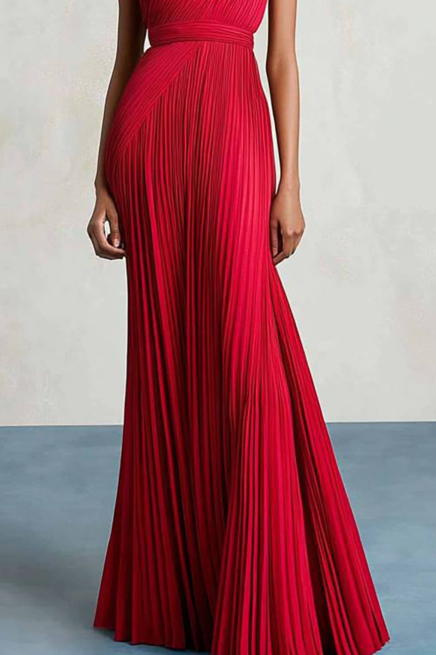 Prom Party Dress Pleated One Shoulder Solid Color Maxi Dress