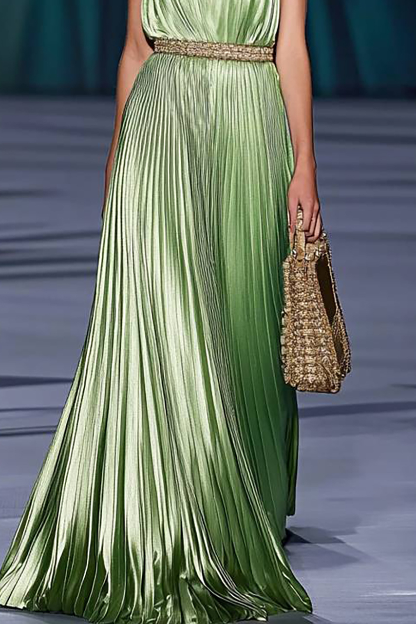 Party Prom Dress Sleeveless Halter Neck V-Neck Belted Pleated Maxi Dress