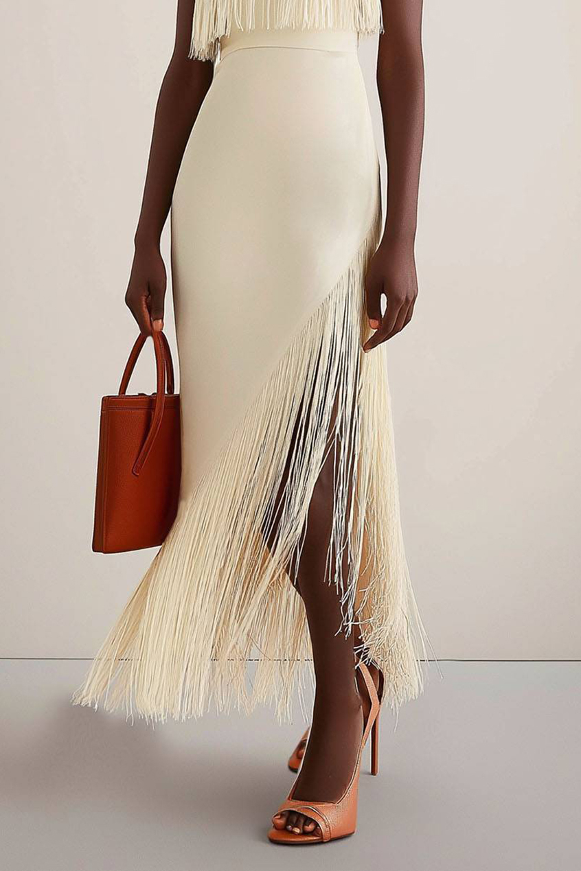 Close-up of fringe layers and halter neckline, showcasing the sleeveless design and textured fabric on a stylish halter dress.