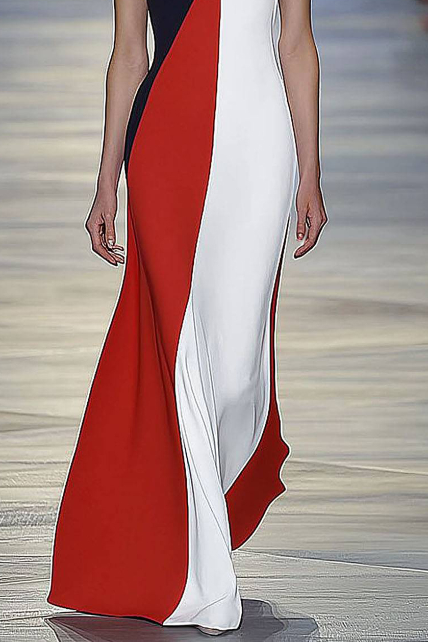 Prom Party Dress Round Neck Sleeveless Color-block Long Dress