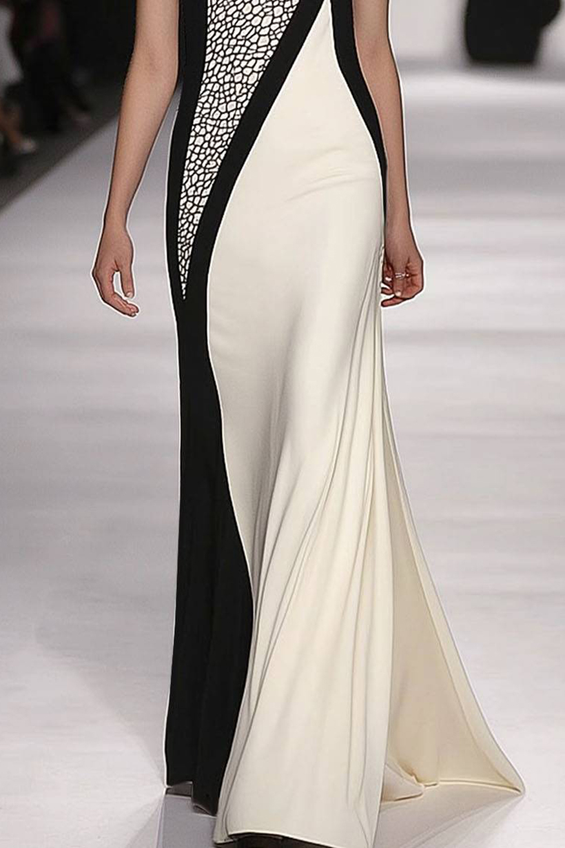Party Evening Color-block Design Low-Mid Neck Sleeveless Maxi Dress
