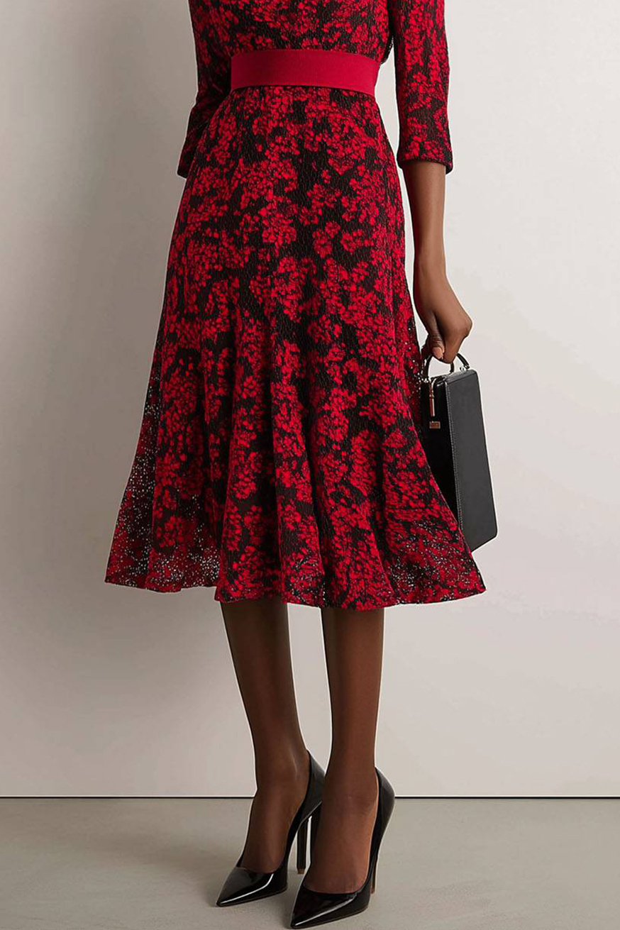 Cocktail Wedding Black and Red Lace Belted Mother of the Bride Dress