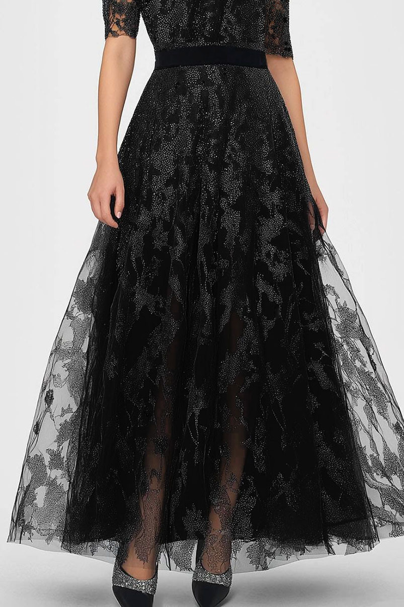 Formal Lace Dress Boat Neck Half Sleeve Belt Maxi Dress