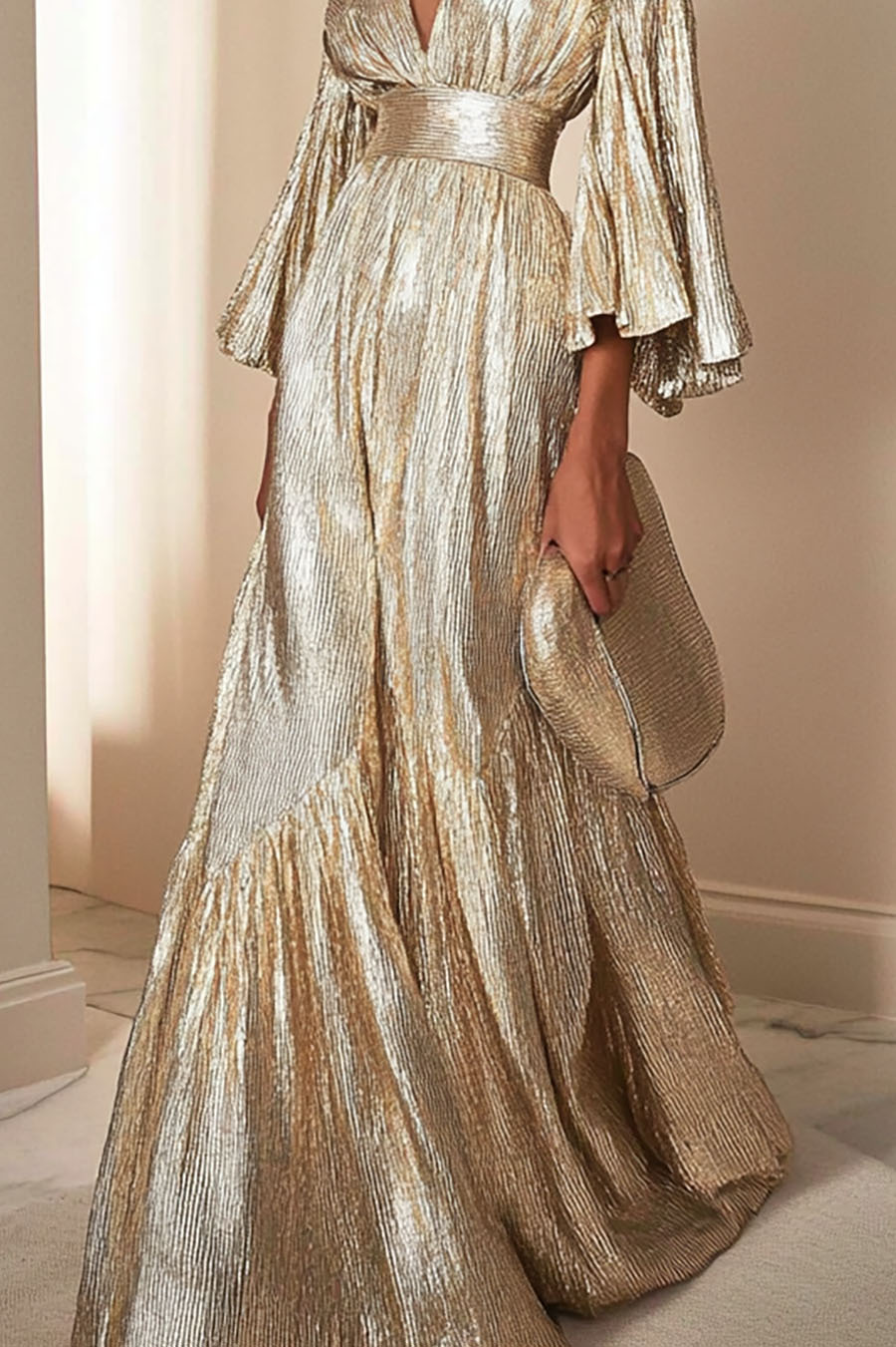 Party Evening Dress Ruffled Deep V Metallic Pleated Maxi Gown