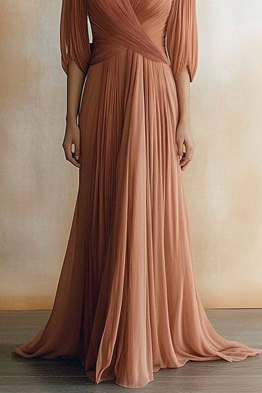 Elegant Evening Dress Cross Neck Puff Sleeve Draped Pleated Maxi Dress