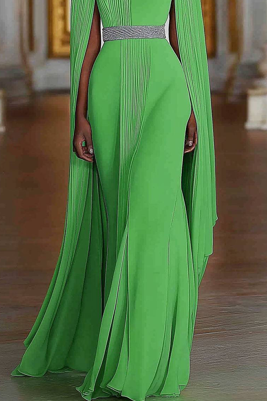 Formal Evening Gown Green V-neck Pleated Cape Rhinestone Belt Floor-length Dress