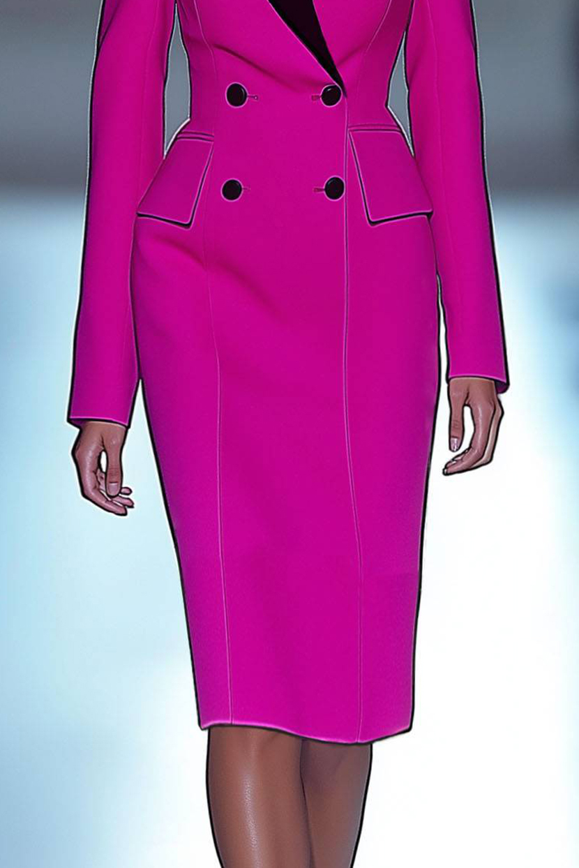 Work Business Dress Long Sleeve Collared Color Block Midi Dress