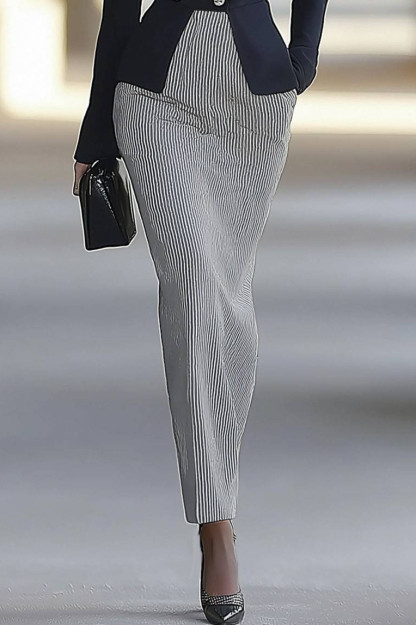 Business Office Dress Color Block Long Sleeve Striped Pocket Collared Maxi Dress