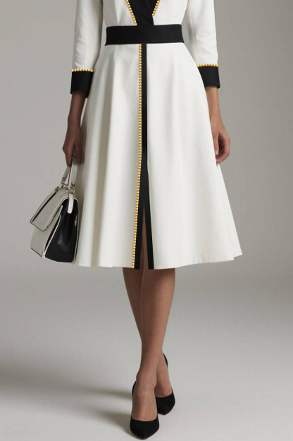 Formal Office Dress Pearls Collared Color Block Split Midi Dress