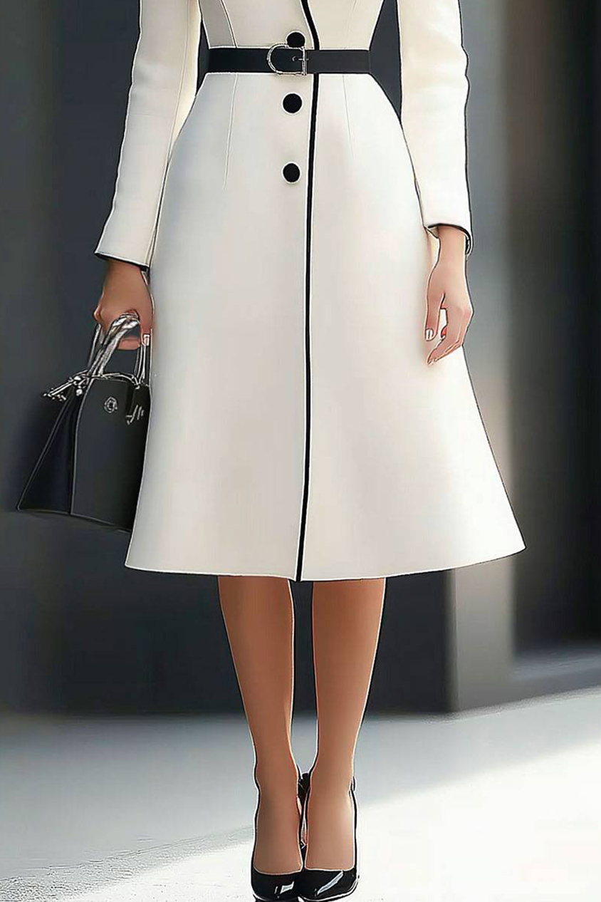 Business Office Dress Black White Color Block Long Sleeve Belted Midi Dress
