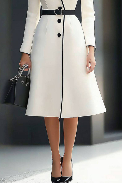Business Office Dress Black White Color Block Long Sleeve Belted Midi Dress
