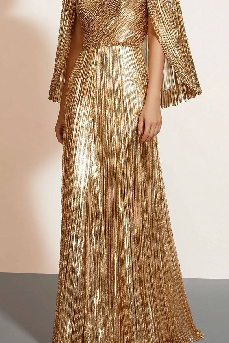 Party Evening Fringe Dress Gold Cape V-neck Floor-length Gown