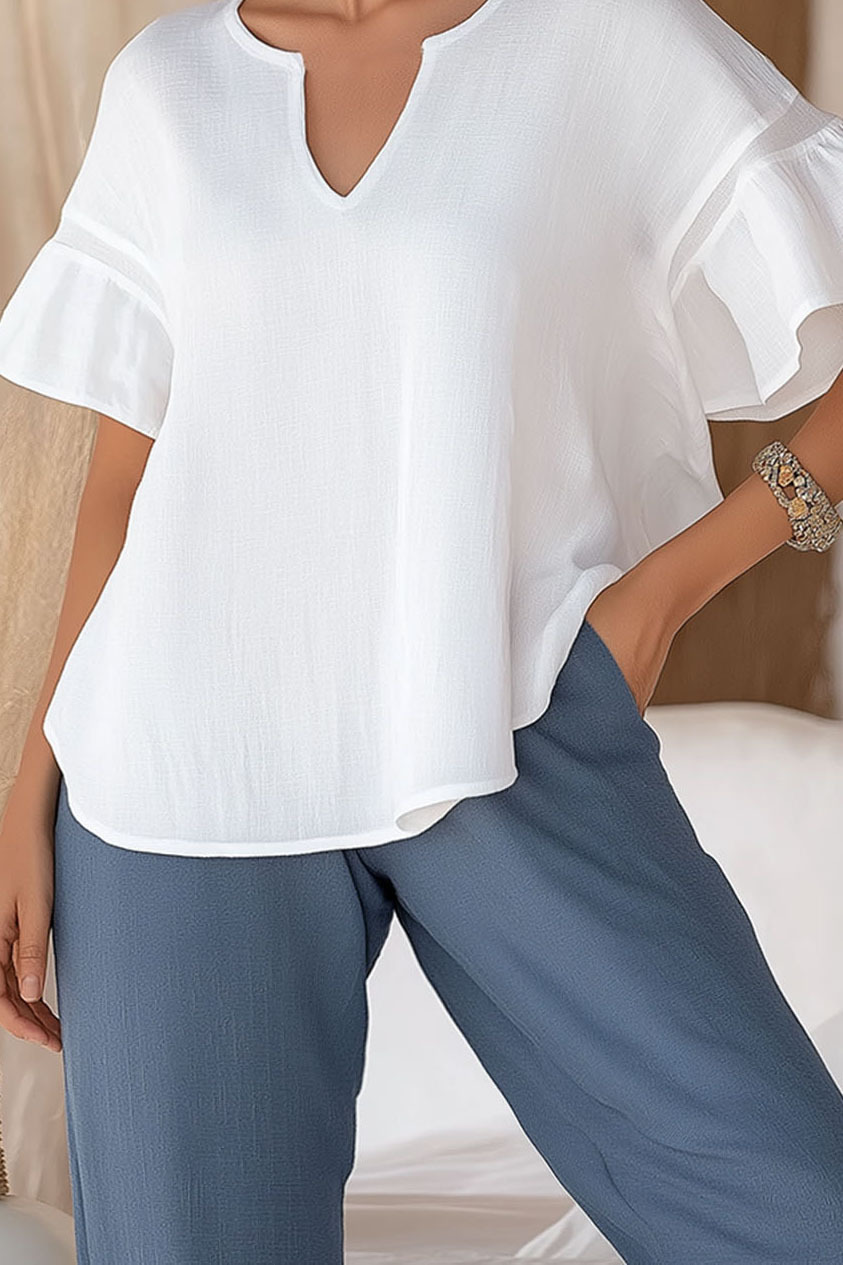 Casual Linen Top White V-Neck Ruffle Sleeve Top