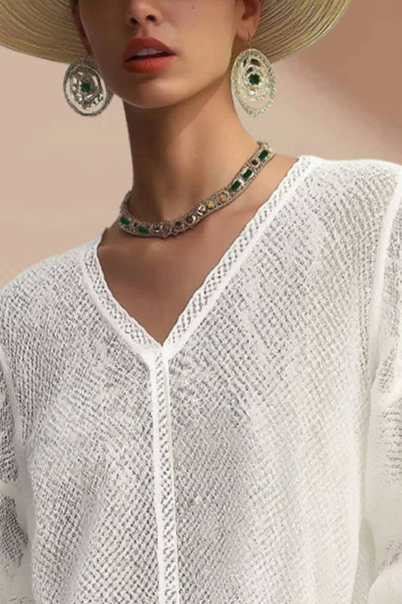 Bohemian Vacation Top White V-neck Long Sleeve Breathable Short Top