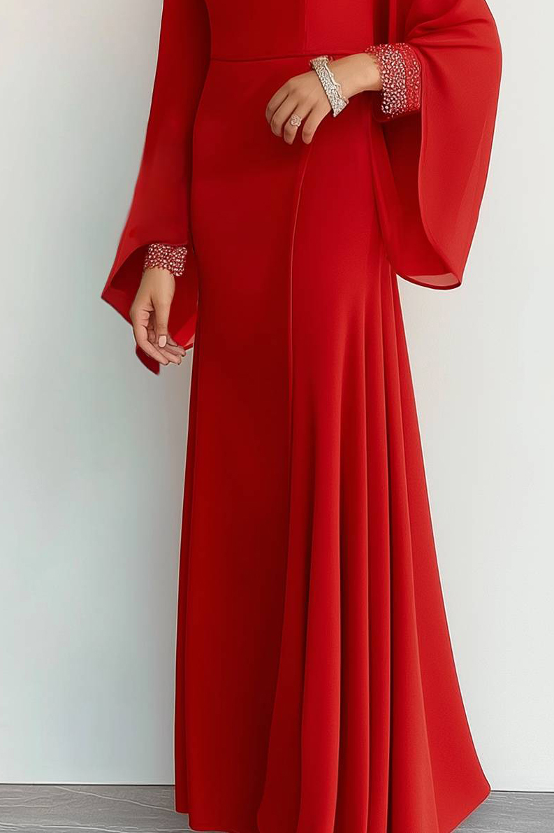 Semi-formal Party Dress Chiffon Bell Sleeve Rhinestone Cuffs Maxi Dress