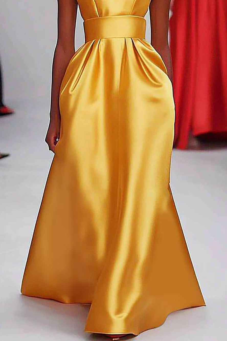 Formal Evening Gold Gown Satin Sabrina Neck Sleeveless Floor-length Dress