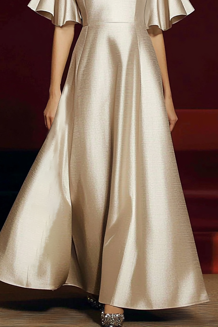 Formal Evening Beige Gown Satin Round Neck Ruffled Sleeve Maxi Dress