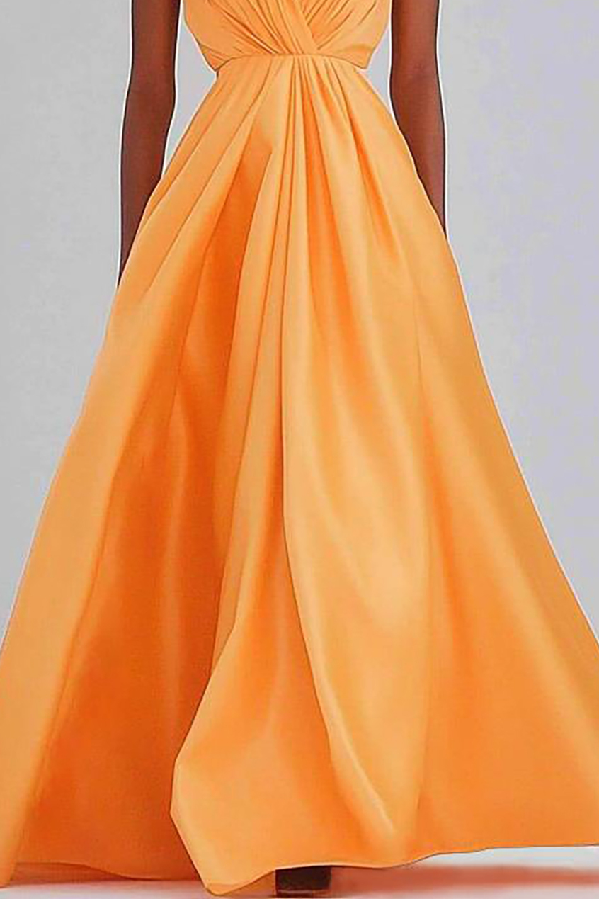Formal Orange Evening Gown Pleated Sleeveless V-neck Maxi Dress