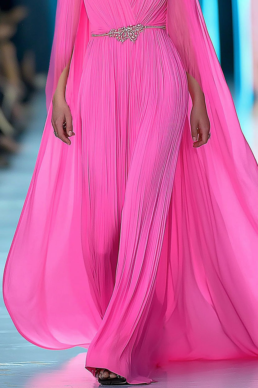 Formal Evening Chiffon Dress Long Sleeve Waist Belt Cape Floor-length Gown