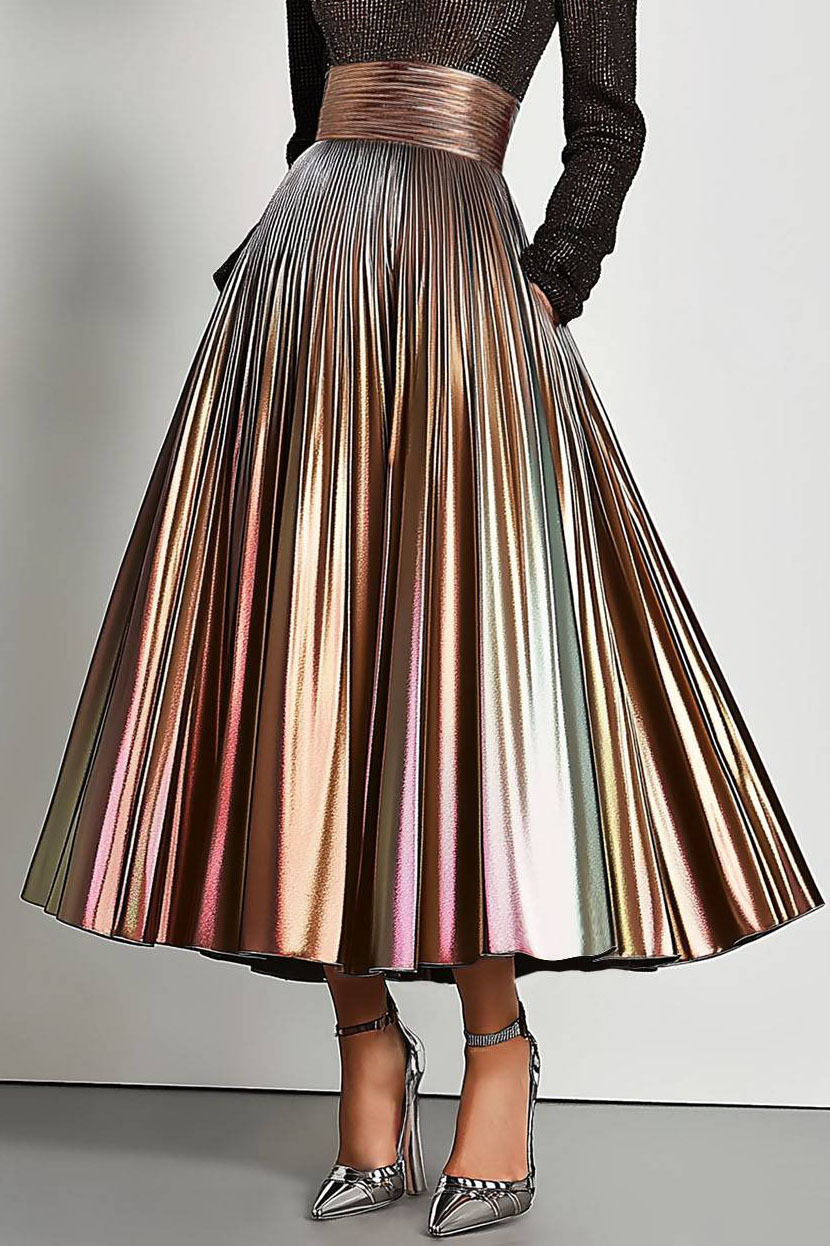 Party Prom Dress Metallic Fabric Colorful Long Sleeve Pocket Pleated Midi Dress