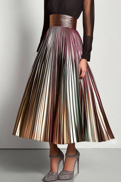 Party Prom Dress Metallic Fabric Chiffon With Pockets Pleated Midi Dress